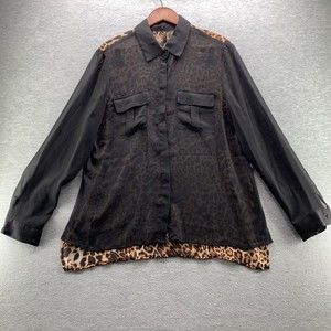 Nue Options Women Black Sheer & Back Animal Print Long Sleeve Button Up Top XL